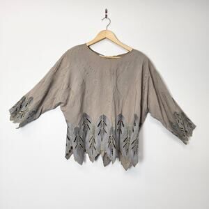 Vintage Marcia & Me Embroidered Leaf Blouse Sz Medium Gray Beige Fairy Grunge